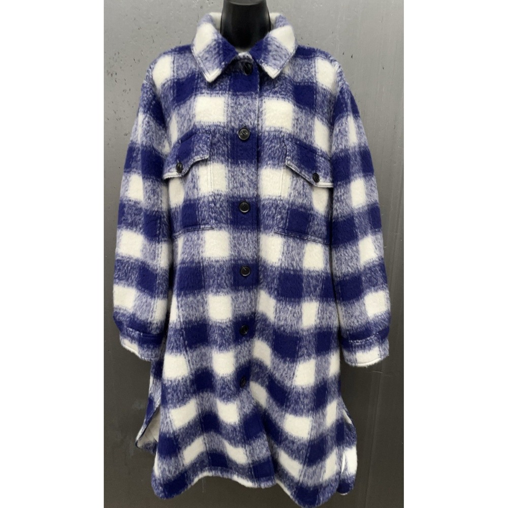 Wool Blend Coat Women XXLโ Indigo Blue Check Pockets Heavy Soft Cozy Whimsy
